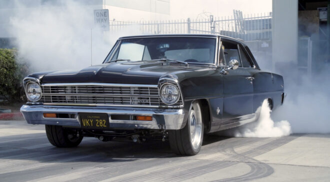 1967 Nova with mostly stock LS3 engine doing burnout at FiTech
